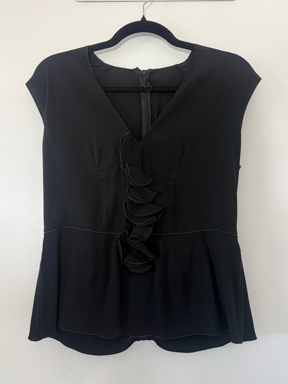 Marc Jacobs Black V-Neck Cap Sleeve Top with Front Ruffle